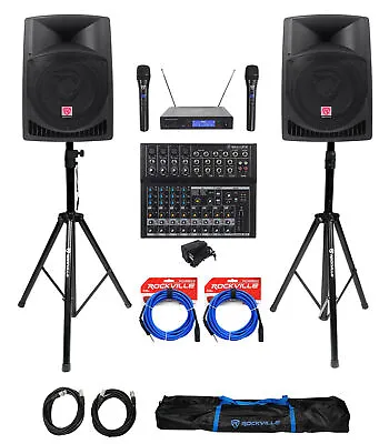 (2) Rockville 12  1600w Active PA/DJ Speakers+Mackie Mixer+Mic+Stands+Cables+Bag • $654.75