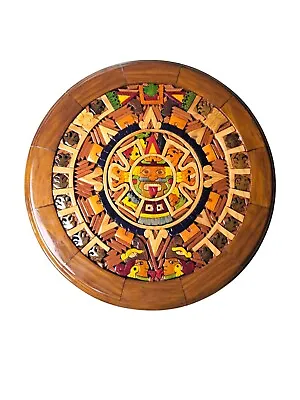 Handmade Mayan Aztec Calander~Vibrant Colored Inlaid Wood~Mexican Folk Wall Art • $54.99