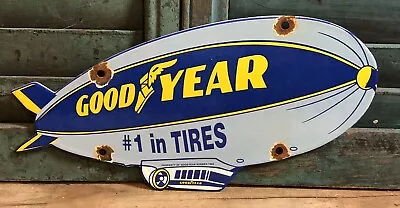 Vintage 1962 Dated Goodyear Tires 12” Porcelain Gas Blimp Service Station Sign • $51.99