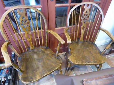 Pair Of Vintage Windsor Carver Dining Captains Chairs Wheelback Arms • £115