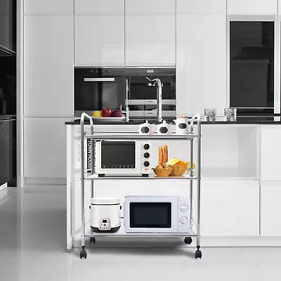 3-Layer Kitchen Microwave Oven Stand Cart Rolling Serving Cart Stainless Steel • $54