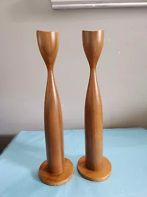 Vtg Mid-Century Teak Wood Tulip Candlesticks Candle Holders Scandinavian Design • $28.96