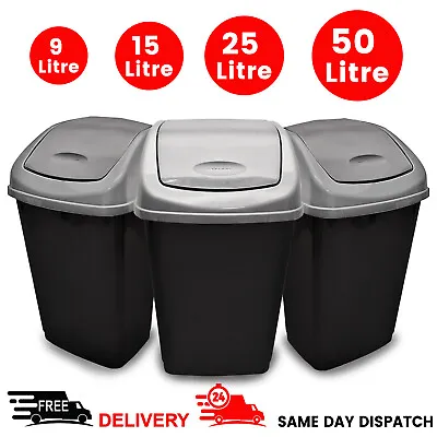 Black With Grey Flip Top Plastic Swing Bin For Home Kitchen Office Waste Dustbin • £7.45