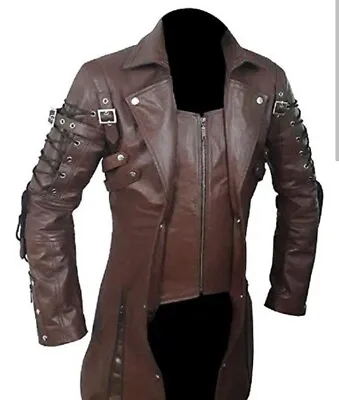 Men Goth Matrix Trench Coat Steampunk Gothic Real Leather Jacket Brown Size 42  • $124.99