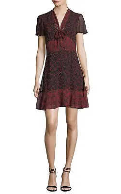MICHAEL Michael Kors Star Print Dress Tie Neck Red Black Size M 8 10 Knee Length • $26.99