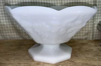 Anchor Hocking Milk White Glass Compote Footed Bowl Grapevine Leaf 9” X 5.5” Vtg • $22.99