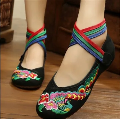 £12.66 • Buy Women Chinese Embroidered Floral Shoes Ballerina Mary Jane Flat Ballet Cotton UK