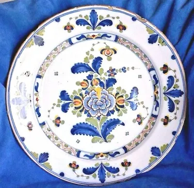 LRG Early 19th Century Antique Dutch Delft Polychrome Flowers Charger Chop Plate • $445