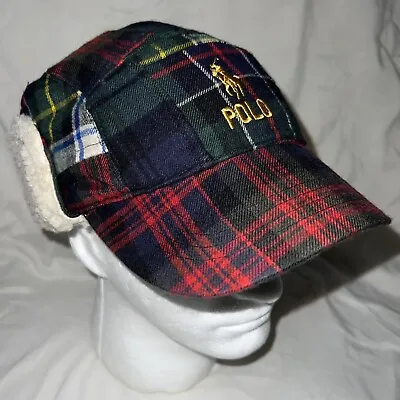 Polo Ralph Lauren Patchwork Plaid Ski Wool Shearling Hunting Trapper Cap Hat • $62.35