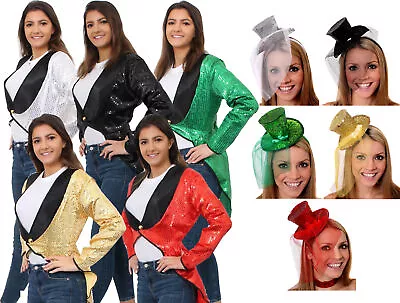 £18.99 • Buy Ladies Sequin Tailcoat And Mini Glitter Top Hat Cabaret Fancy Dress Costume