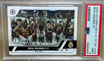 REAL MADRID TEAM + UCL TROPHY CARD * PSA 9 * 2022-23 TOPPS UEFA CC 1st ED #125 • $49.99