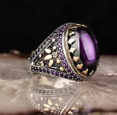 Men's Ring 925 Sterling Silver Handmade Turkish Jewelry Amethyst Stone   • $48