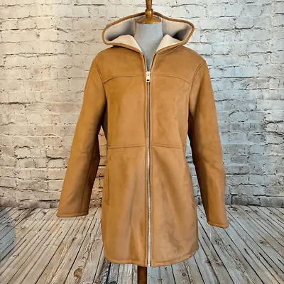 Michael Kors Faux Fur Shearling Suede Longline Hooded Jacket Full Zip Tan Gold • $140