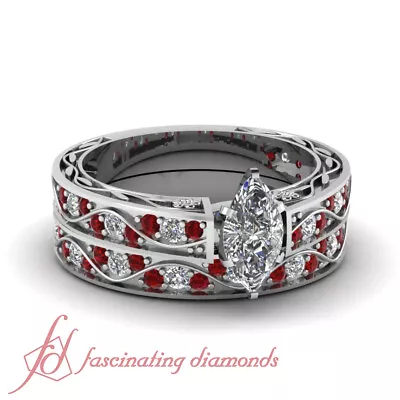 1.40 Ct Marquise Cut Diamond & Ruby Vintage Design Wedding Rings Pave Set SI2 • $5043.99