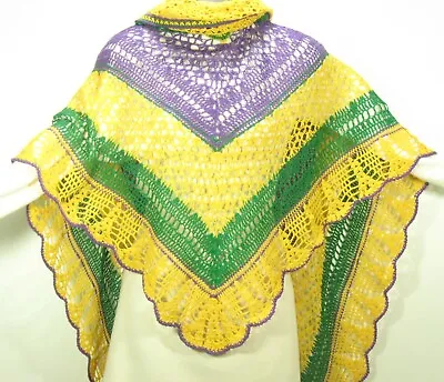 Meo Crochet Mardi Gras Carnivale Shawl 100%  Cotton  Lace Scarf Poncho Knit • $44.75