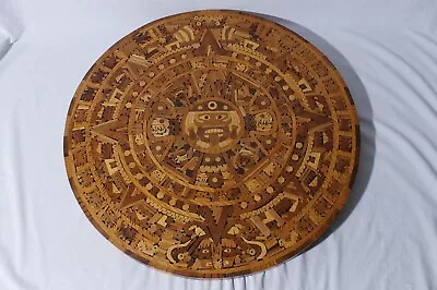 Aztec Maya Calendar Wood Inlay Marquetry Mosaic Wall Plaque Sun Stone Folk 24  • $165.95