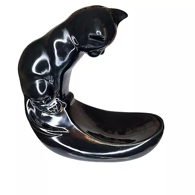 Vintage Pottery Ceramic Black Cat Fish Bowl Holder Art Deco Haeger Style • $36