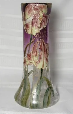 Mont Joye Fancy Tulip Amethyst On Clear Art Glass Enameled Vase Lovely~~ • $575