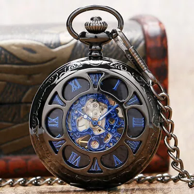 Luxury Mens Pocket Watch With Chain Steampunk Skeleton Black Mechanical Watches • $17.49