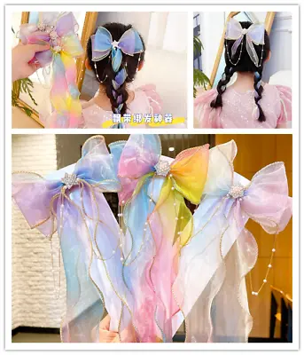 UK Rainbow Girls Kids Unicorn Bow Princess Chiffon Hair Ribbon Party Ice Frozen • £3.99