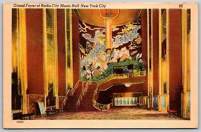 Vtg New York City NY Grand Foyer Radio City Music Hall 1930s View Linen Postcard • $3.99