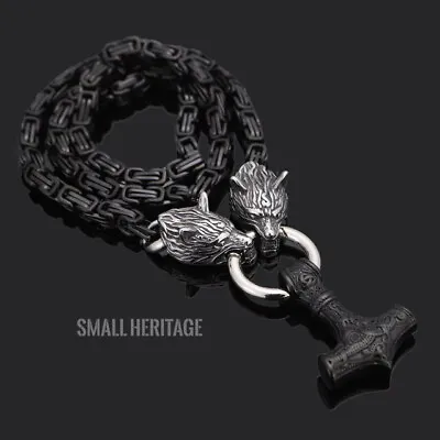 Viking Stainless Steel Wolf Necklace Thor Hammer Mjolnir Pendant Black Silver • $47.77