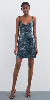 Zara Women's Tie Dye Sequin Strappy Mini Dress Size Large L Blue & Charcoal • $22