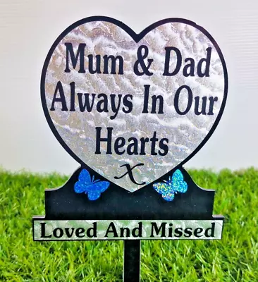 Mum And Dad Heart Shaped Memorial Plaque Grave Tribute  Blue Sparkle Butterfly.k • £9.99