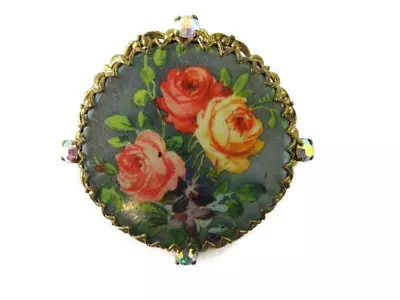 Large Vintage Signed West Germany Rose Floral Filigree Brooch AB Rhinestone READ • $65