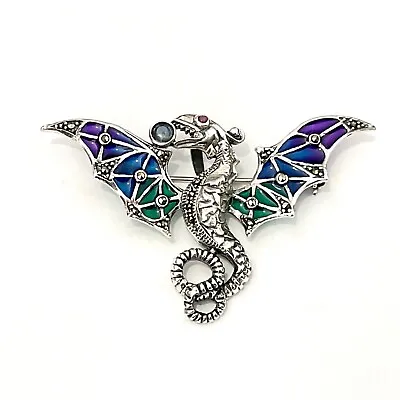 STERLING SILVER Plique A Jour Ruby Flying Dragon Monster Brooch Pin Pendant “ • £75