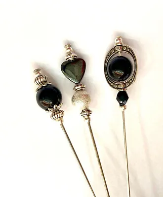 £12.99 • Buy Black Hatpins 5inch Long Gemstones Onyx, Hematite Heart Silver Hat Pins