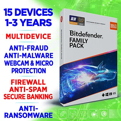 £33 • Buy Bitdefender Family Pack 2023 15 Devices 1-3 Years (UK / IE) Key Incl VPN