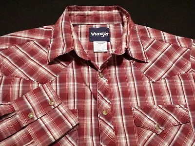 Wrangler Mens Medium Western Shirt Long Sleeve Pearl Snap Red Plaid Check • $17.50