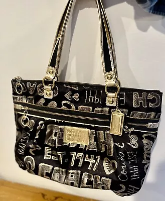 Coach Poppy Black Fabric Bag With Gold Metallic Graffiti Handbag • $75