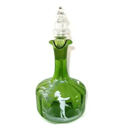 Antique Mary Gregory Enameled Green Glass Decanter With Stopper 10 1/2  Boy • $107.66