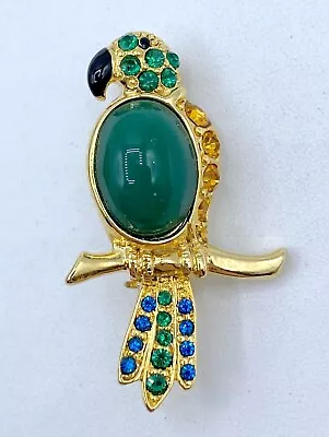 B8-797 Vintage Brooch Gold Tone Pin 1.5  Animal Green Crystal Bird Parrot • $4.99