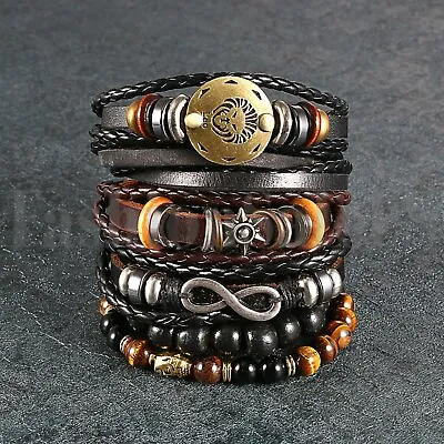 6pcs Black Brown Tribal Leather Beaded Cuff Wristband Bracelet For Men Women Set • $13.99