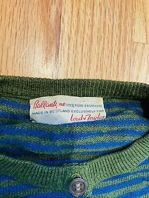 $59 • Buy Vintage 60s Sweater Ballantyne Cardigan 100% Cashmere Green Blue Stripe Medium