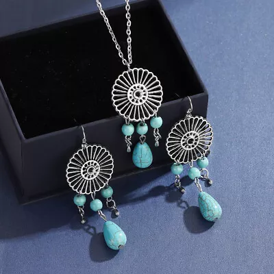 Bohemian Boho Hollow Turquoise Earrings For Women Flower Dangle Earring Necklace • $5.49