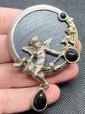 Vintage Sterling Silver And Black Onyx Angel  Brooch PIN CHERUB OAK 54.5g • $193.50