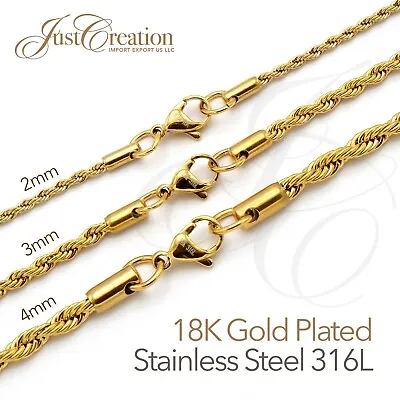 Gold Plated 18K Stainless Steel 316L 2mm 3mm 4mm Rope Chain Necklace 14in-30in • $14.75