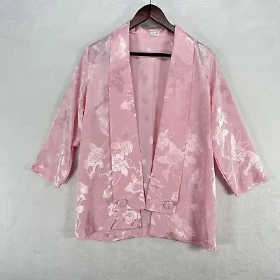 Vintage Angeles Kimono Womens Small Pink Floral Satin Open 70s Cardigan Pastel • $28