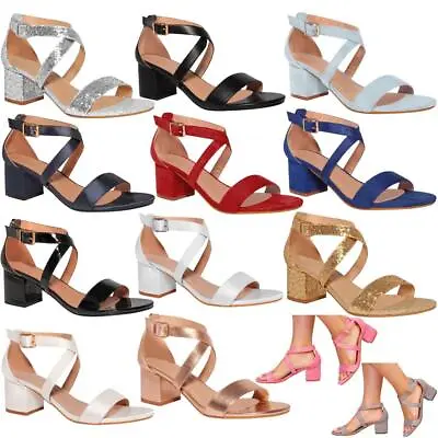 Ladies Block Heels Strappy Wedding Bridal Party Evening Sandals Comfy Shoes Sale • £14.99