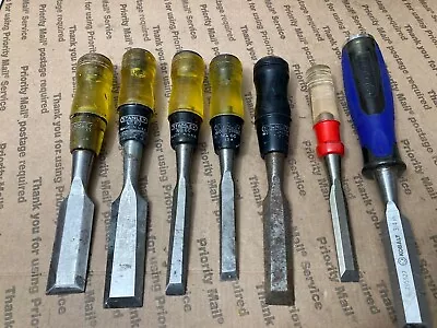 Vintage 7 Beveled Edge 1/2 To 1” Woodworking Chisels Lot- Stanley’s • $9.95