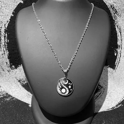 Unisex Stainless Steel Hot Sun Moon & Stars Yin Yang Cabochon Pendant Necklace • £5.50