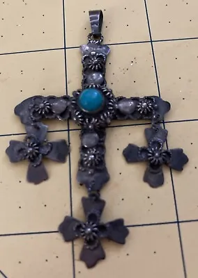 Vintage Yalalag Mexican Cross Pendant .925 Sterling Silver With Turquoise 7.68 G • £109.48