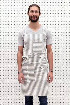 Cross Back Chef Apron For Women Men Striped - Durable Fabric Barista Work Eco • $35