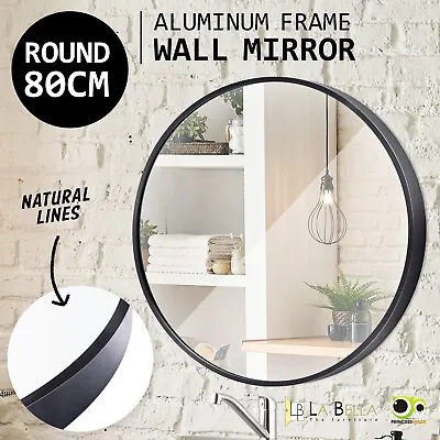 Wall Mirror Round Aluminum Frame Makeup Decor Bathroom Vanity 80cm BLACK • $119.90