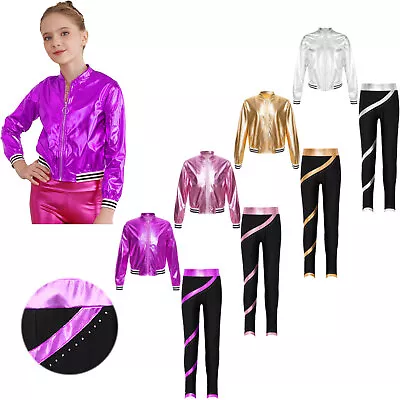 Kids Girls Hip Hop Street Dance Clothes Shiny Metallic Bomber Jacket Pants Set • $19.79