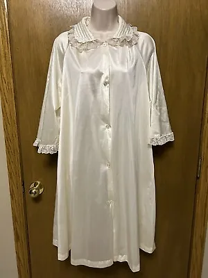 Vintage VAL MODE Size L  IVORY Satin ROBE/GOWN Button-Up W/ Lace Trim *READ* B23 • $11.99